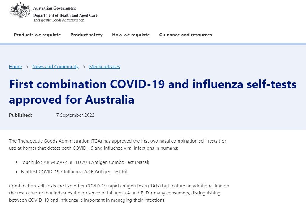 澳大利亚治疗用品管理局（TGA）批准了首个COVID-19 和流感自检组合试剂盒上市销售.png